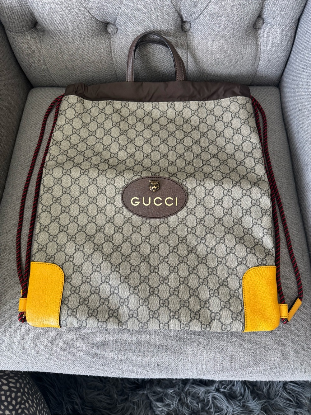 Gucci Beige GG Canvas Backpack with Yellow Corners and Brown Trim